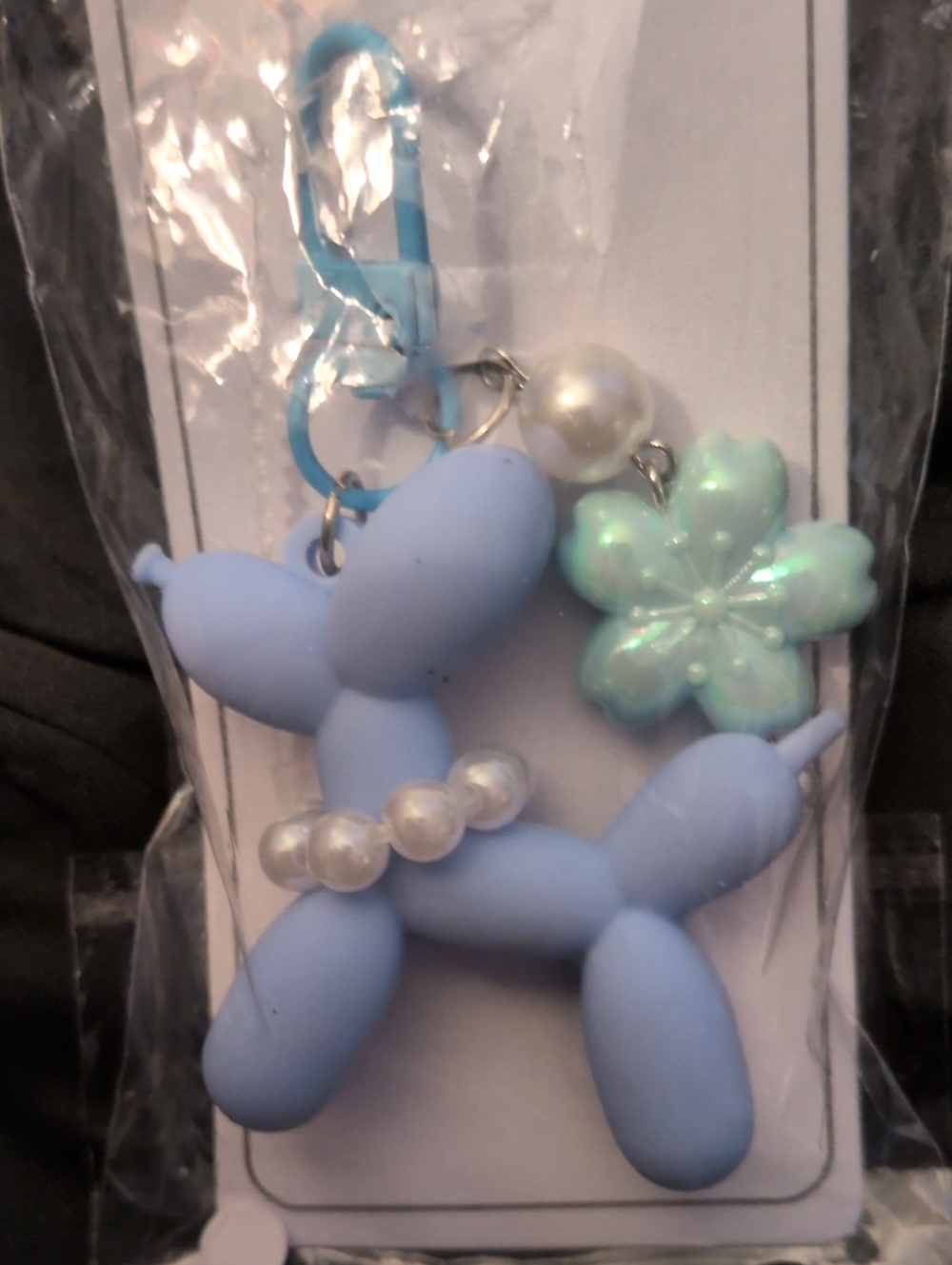 Blue Balloon Dog Bag Charm /Keychain with Pearl Beads & Flower Charm